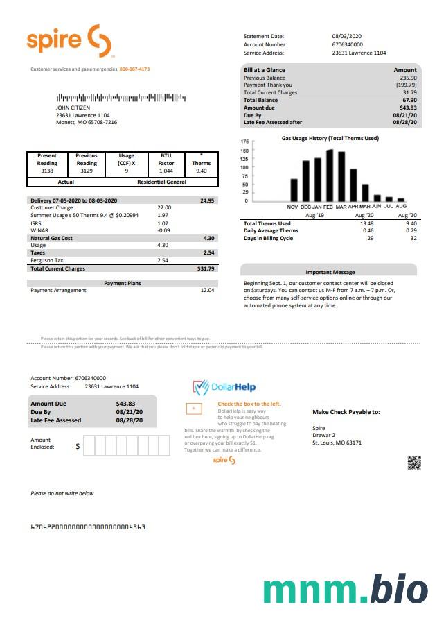 Szablon rachunku za media gazowe USA Spire w formacie Word i PDF
